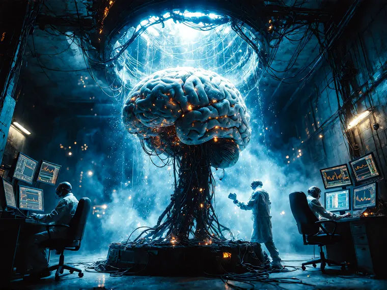 Technicians at monitoring stations around a vast illuminated brain suspended in cabling.