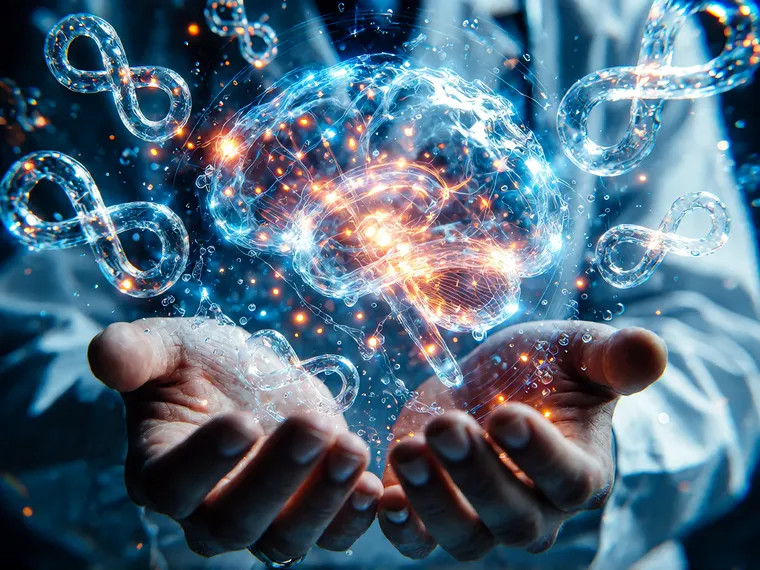 Cupped hands holding a luminous wireframe brain wrapped in glass infinity loops.